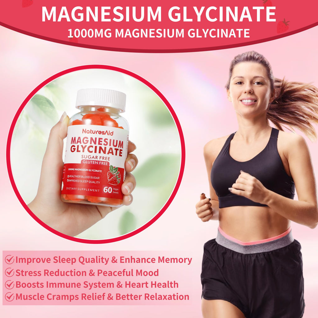 Magnesium Glycinate Gummies 1000mg – Sugar-Free Magnesium, Potassium with Vitamin D, B6, CoQ10 | 60 Strawberry Gummies