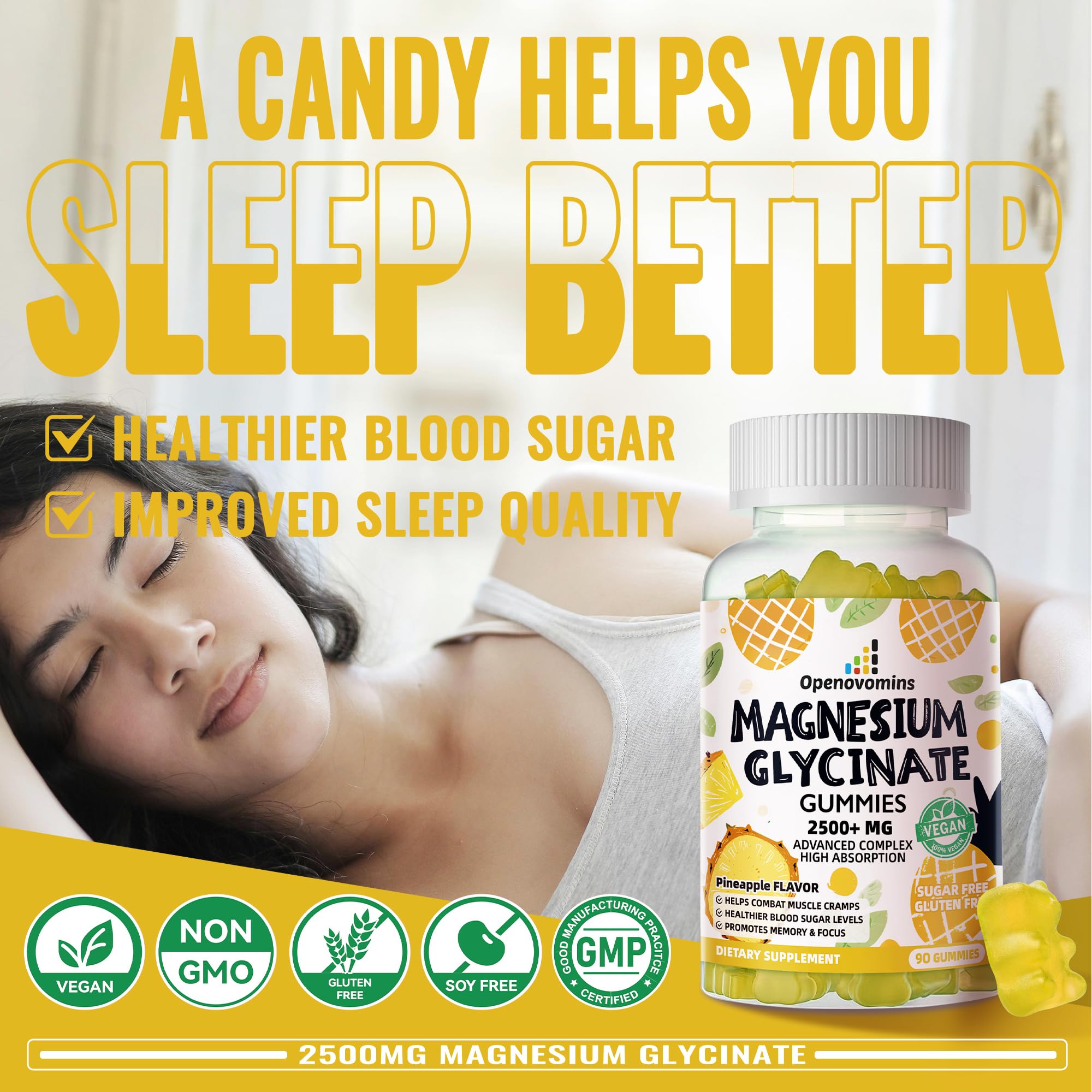 Magnesium Glycinate Gummies 2500mg – Sugar Free Calm Mood & Sleep Support (90 Pineapple Gummies)