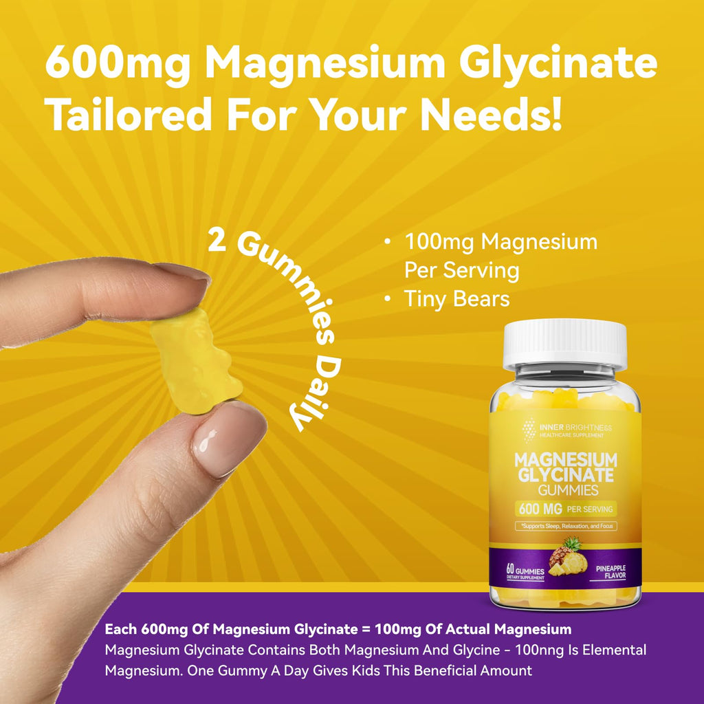 Magnesium Glycinate Gummies 600mg – Non-GMO, Gluten-Free, Pineapple Flavor | 60 Count