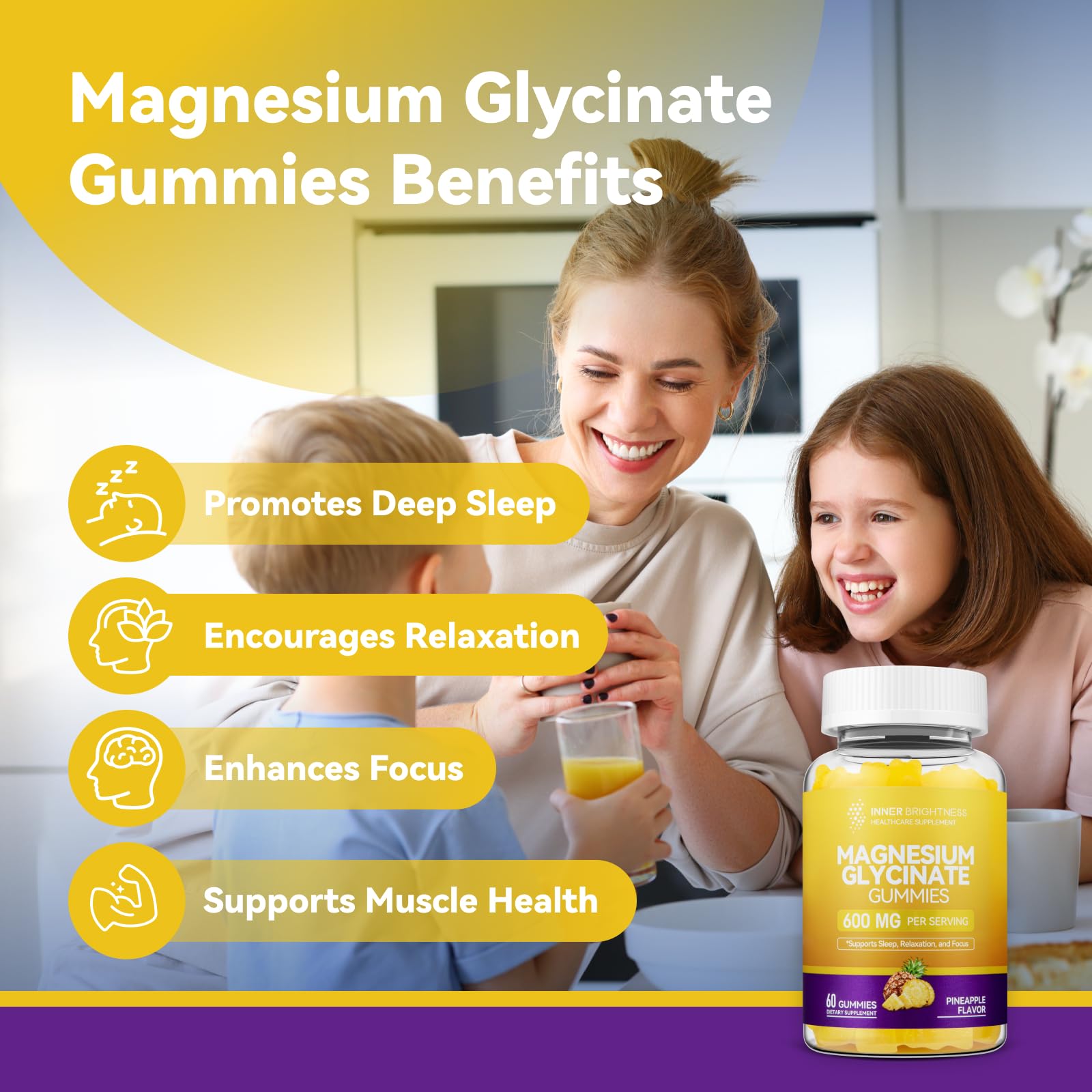 Magnesium Glycinate Gummies 600mg – Non-GMO, Gluten-Free, Pineapple Flavor | 60 Count