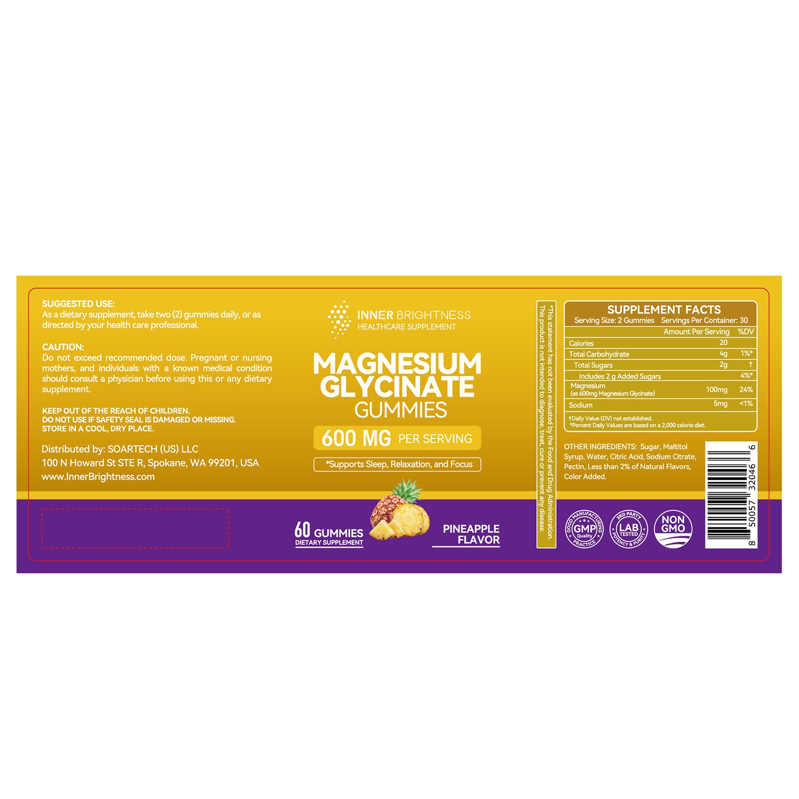 Magnesium Glycinate Gummies 600mg – Non-GMO, Gluten-Free, Pineapple Flavor | 60 Count