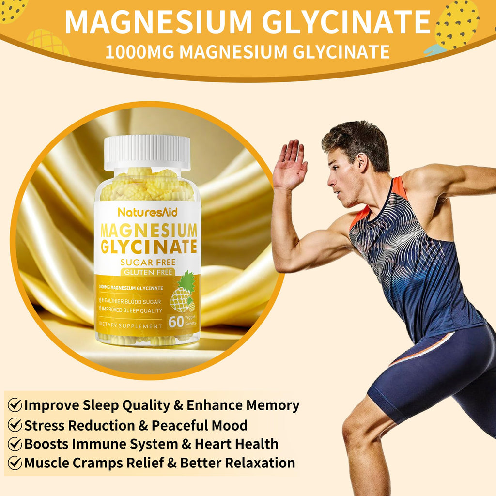 Magnesium Glycinate Gummies 1000mg – Sugar Free with Vitamin D, B6 & CoQ10 (60 Pineapple Gummies)