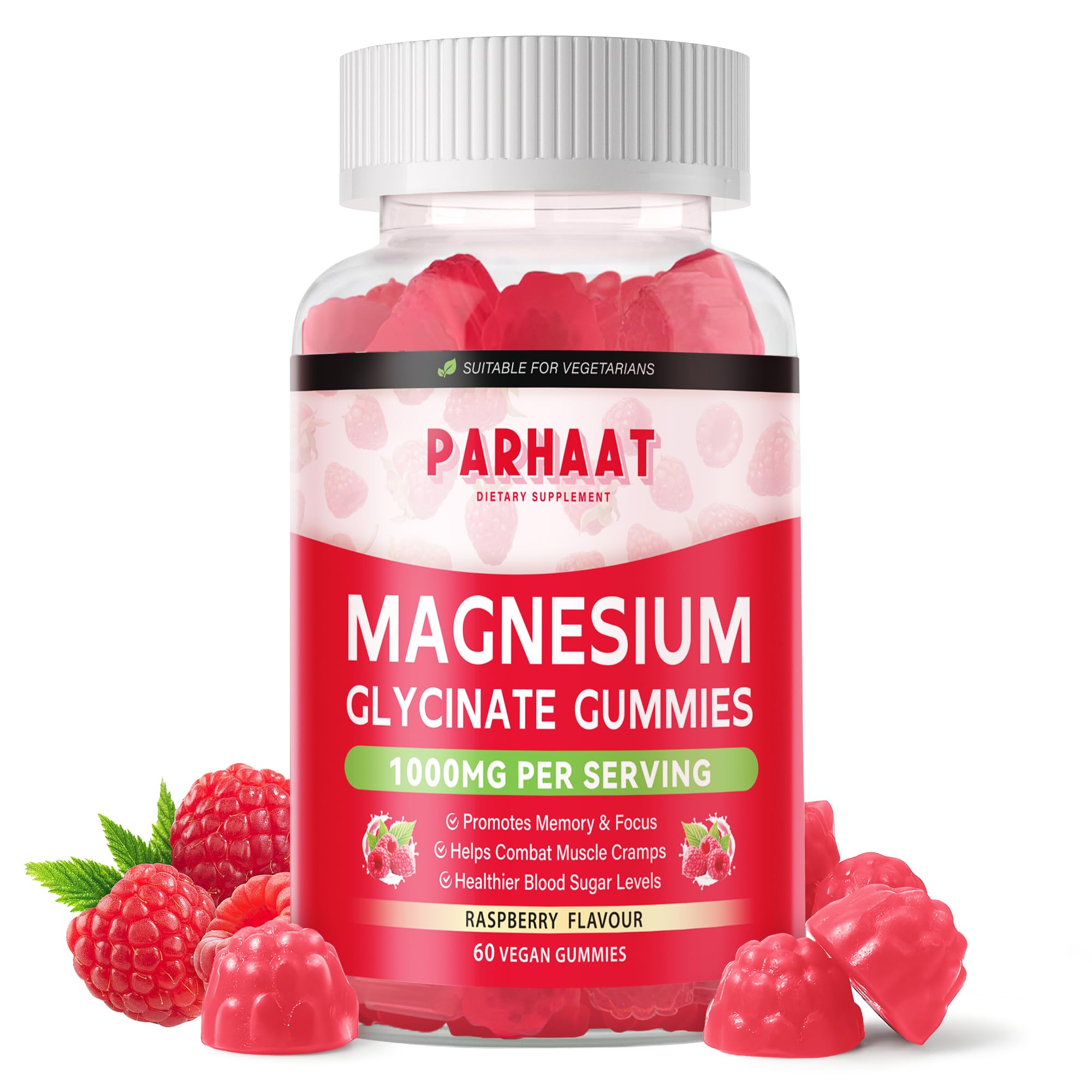 Magnesium Glycinate Gummies Raspberry - Sugar Free Magnesium Potassium Supplement with Vitamin D, B6, CoQ10 | 60 Chews