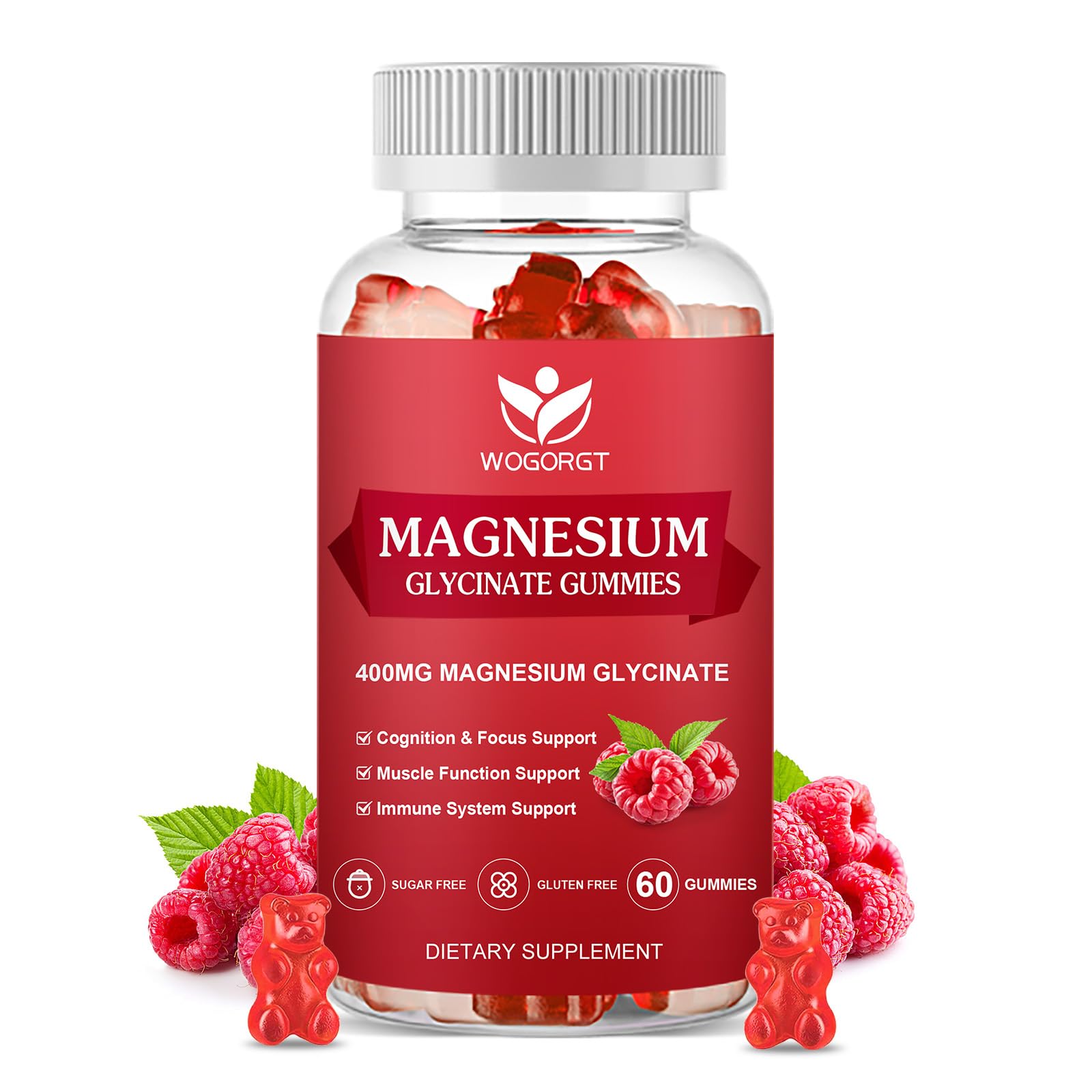 400mg Magnesium Glycinate Gummies with 200mg Magnesium Malate, Vitamin D, B6, and CoQ10 | Sugar Free Raspberry - 60 Gummies