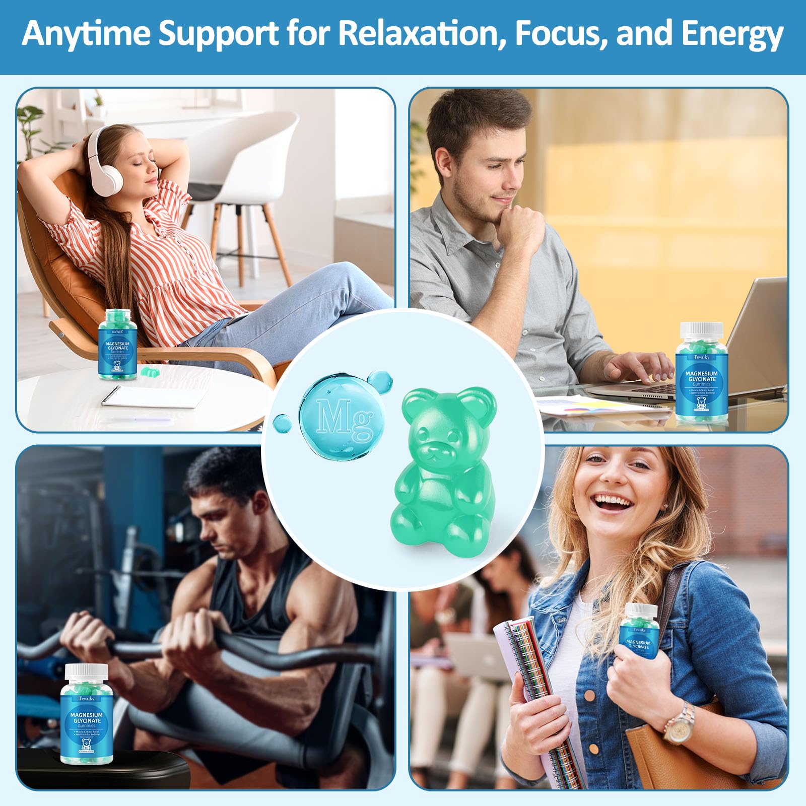 Magnesium Glycinate Gummies – Sugar-Free, Vegan Blueberry (2 Bottles) for Sleep, Stress & Muscle Support