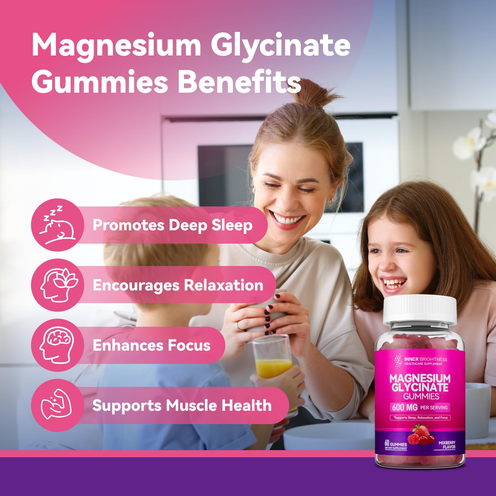 Inner Brightness Magnesium Glycinate Plus Gummies – 860mg | Sugar-Free, Gluten-Free, Non-GMO (120 Count)