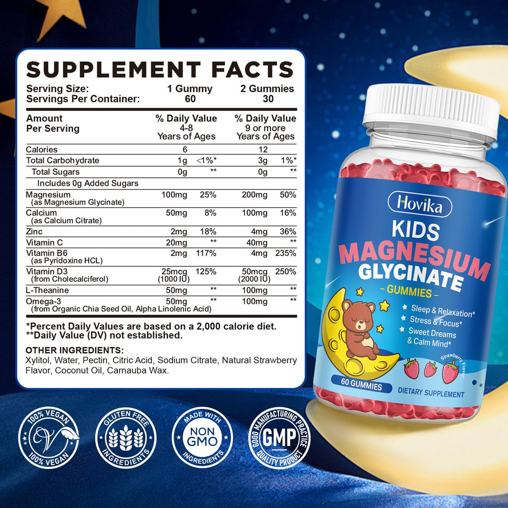 Magnesium Glycinate Gummies for Kids – Sleep, Calm & Focus | L-Theanine, Omega-3, Vitamin D3, Zinc | Sugar Free Strawberry 60ct