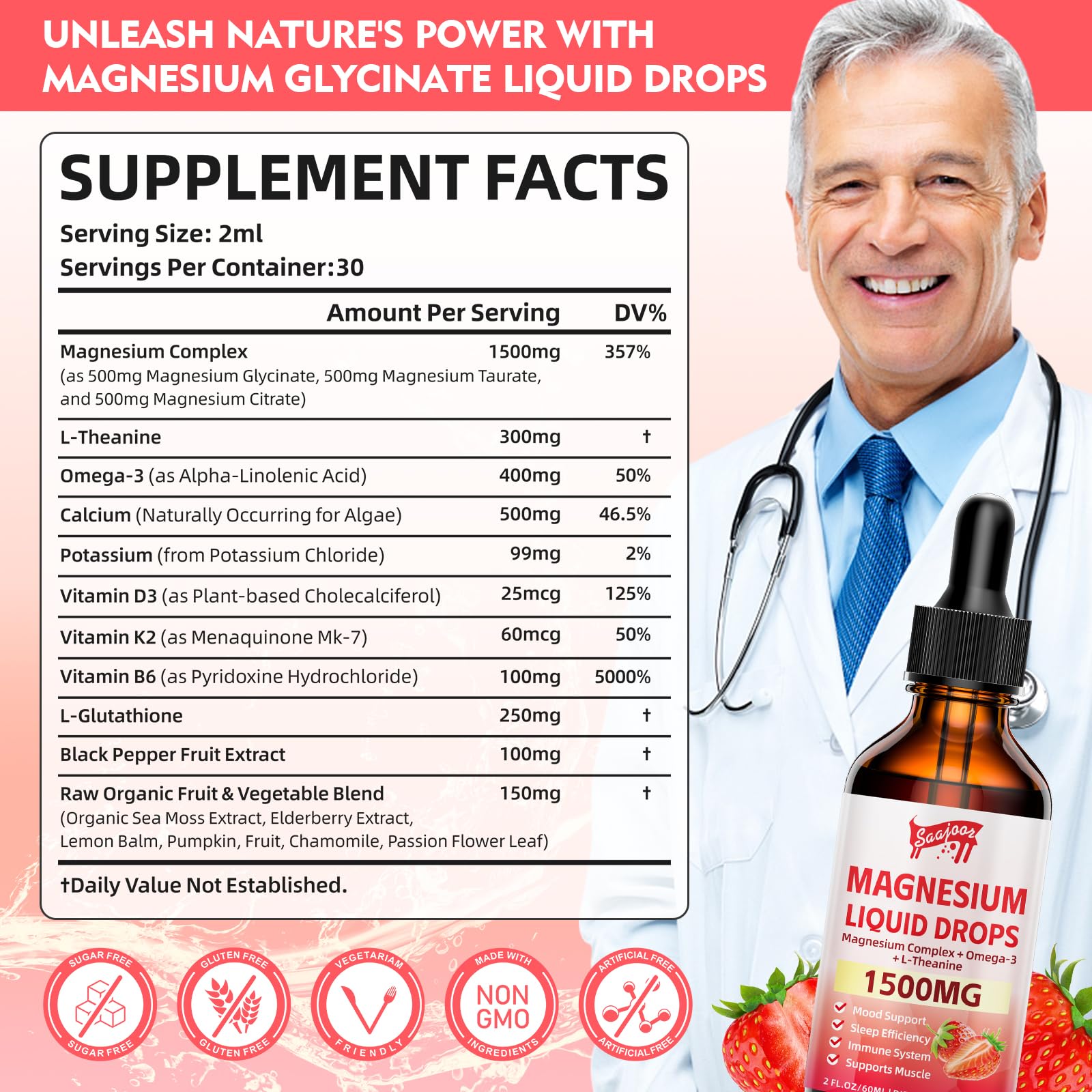 2 Pack Magnesium Glycinate Liquid Drops 1500mg – Strawberry Flavor, B6/D3, L-Theanine, Omega-3 | 4 Oz