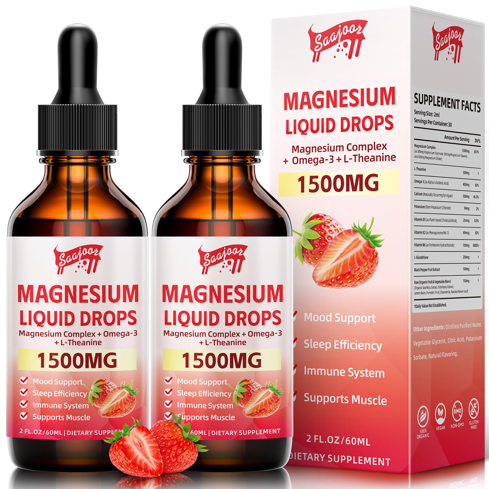 2 Pack Magnesium Glycinate Liquid Drops 1500mg – Strawberry Flavor, B6/D3, L-Theanine, Omega-3 | 4 Oz