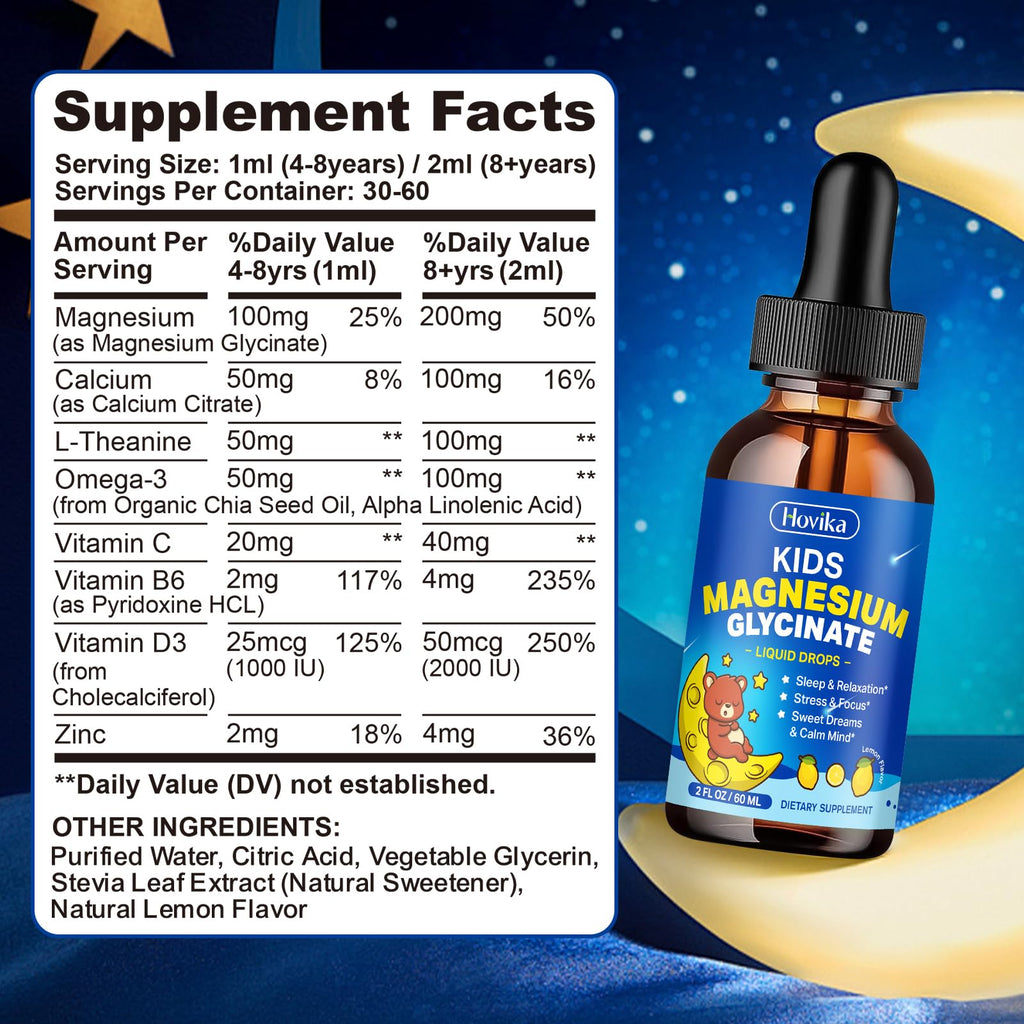 Kids Magnesium Glycinate Liquid with L-Theanine & Omega-3 for Sleep & Calm