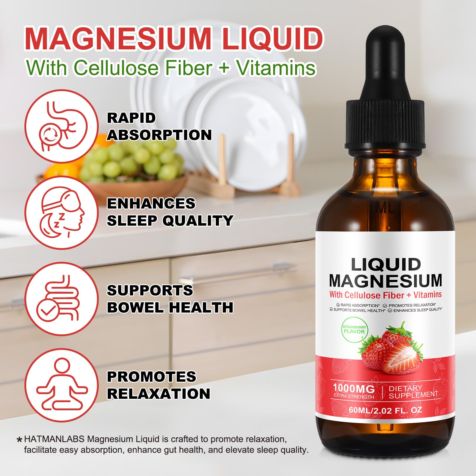 Magnesium Glycinate Liquid 1500mg - Stress Relief & Sleep Support (Strawberry, 60ml)