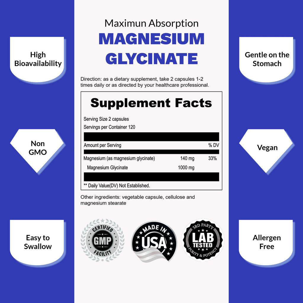 UpNourish Chelated Magnesium Glycinate 500mg – High-Absorption Magnesium for Calm, Leg Cramps & Muscle Relaxation | 960 Capsules (Two Bottles)