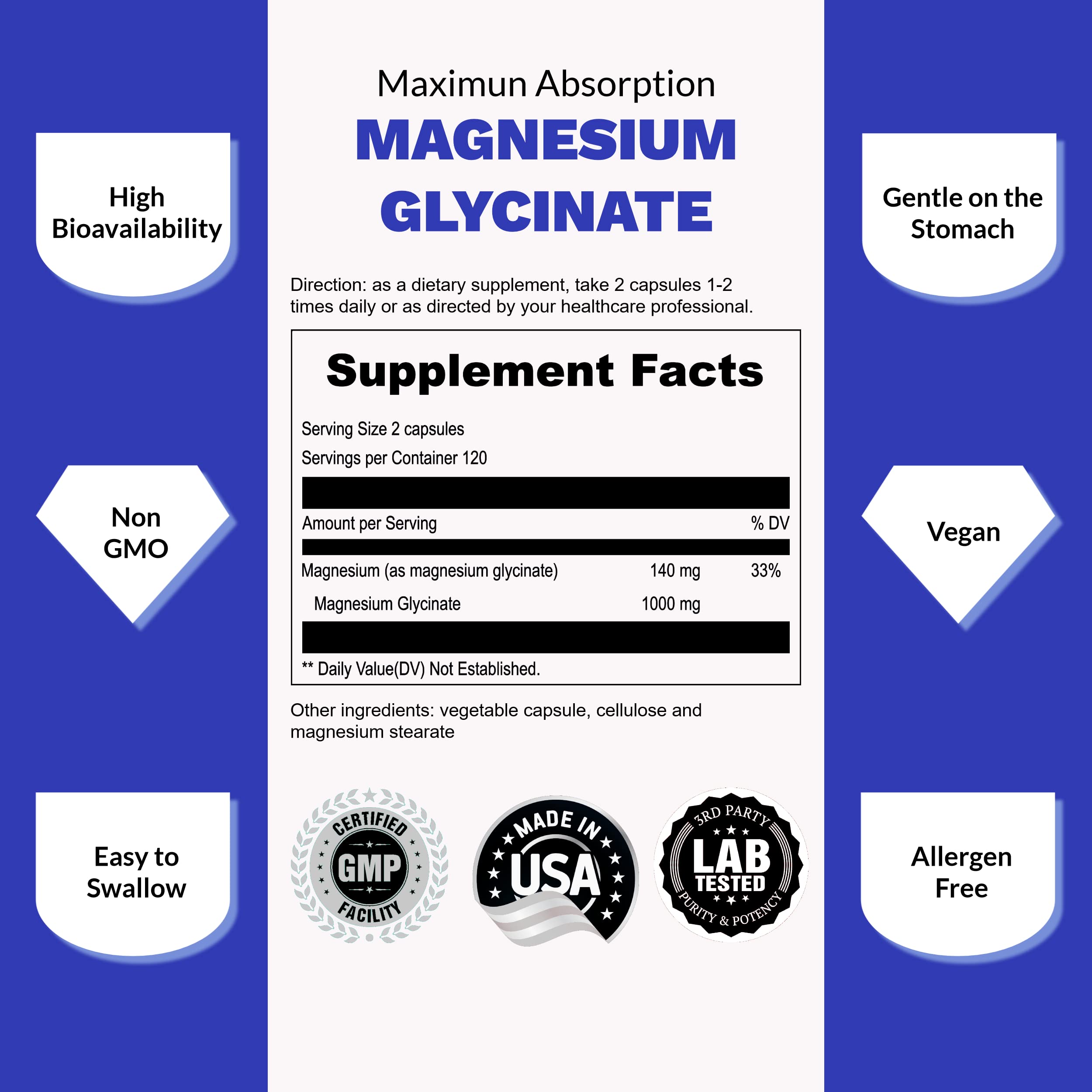 UpNourish Chelated Magnesium Glycinate 500mg – High-Absorption Magnesium for Calm, Leg Cramps & Muscle Relaxation | 960 Capsules (Two Bottles)