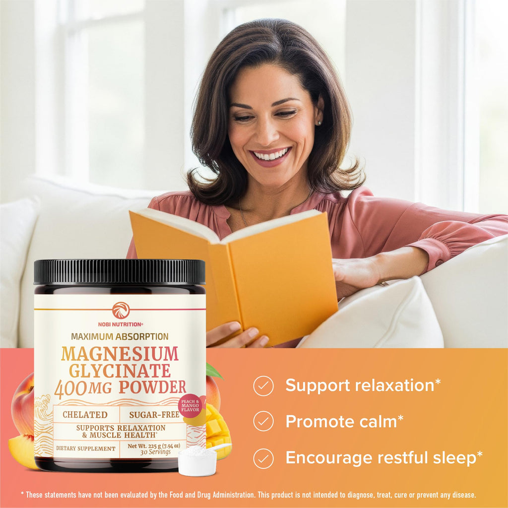 Magnesium Glycinate Powder 400MG – Sleep & Relaxation Support | Peach Mango Flavor Drink | 225g (30 Servings) | Vegan, Gluten-Free, Non-GMO