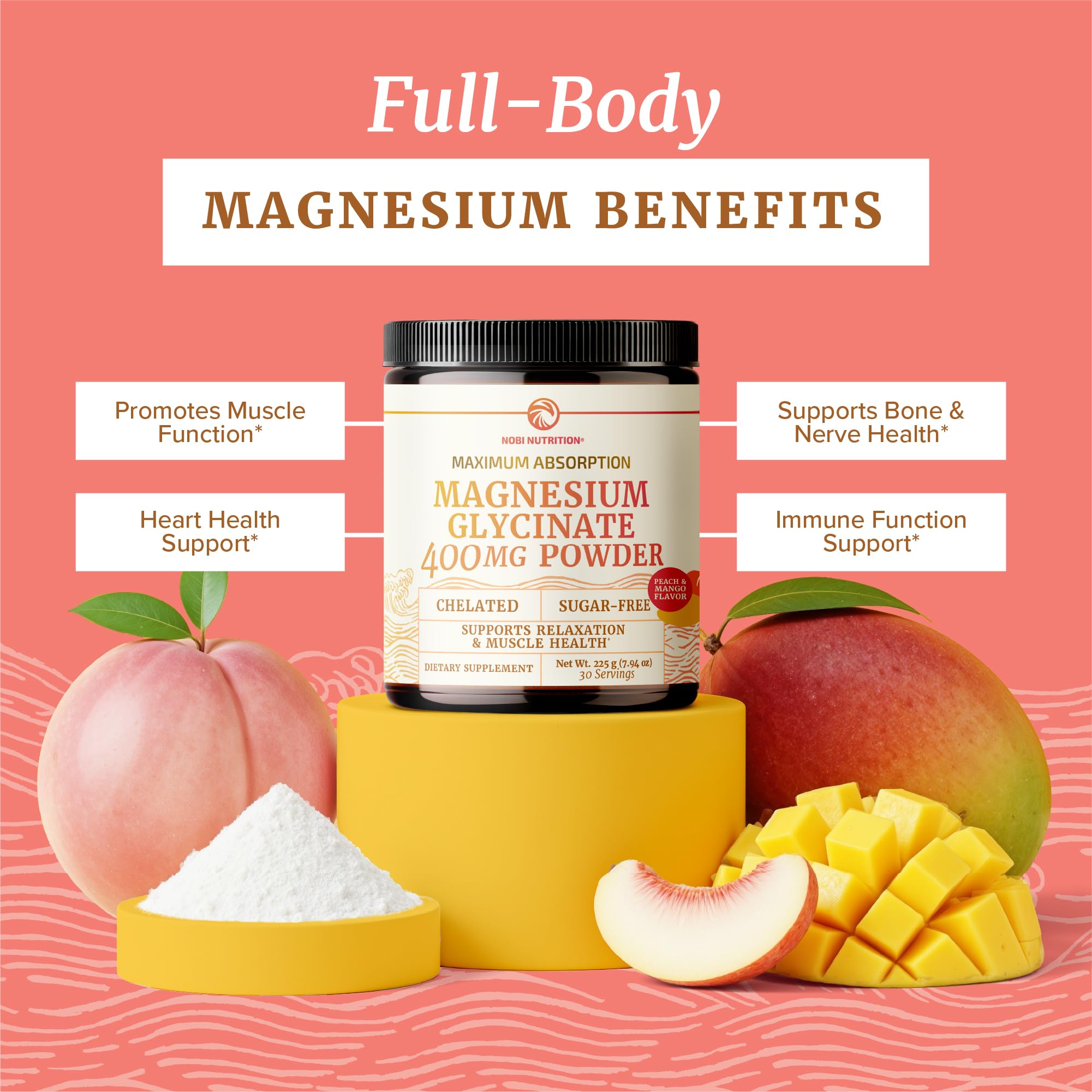 Magnesium Glycinate Powder 400MG – Sleep & Relaxation Support | Peach Mango Flavor Drink | 225g (30 Servings) | Vegan, Gluten-Free, Non-GMO
