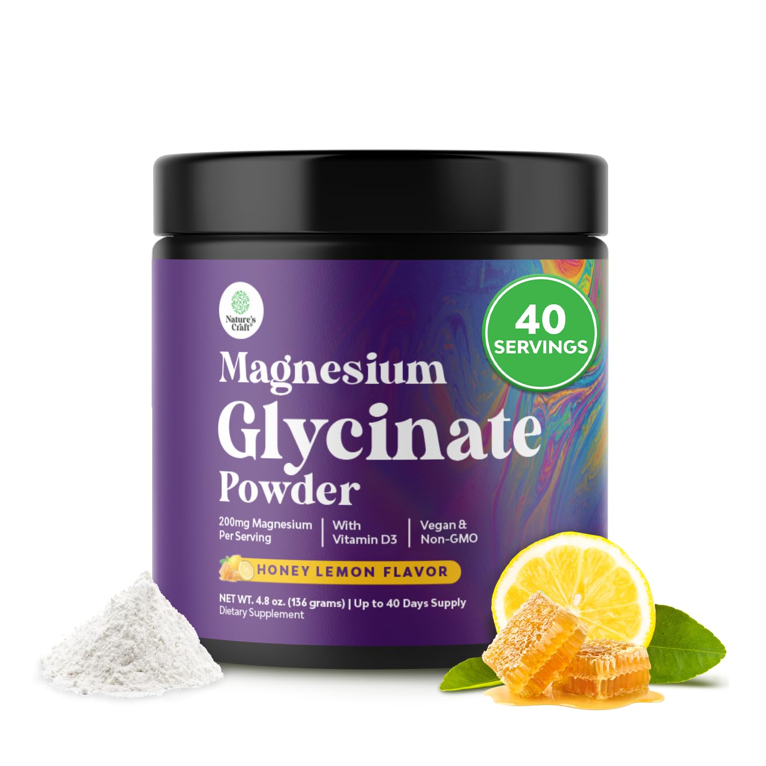High Absorption Magnesium Glycinate Powder – Vegan, Non-GMO, Gluten Free (Honey Lemon) 40 Servings