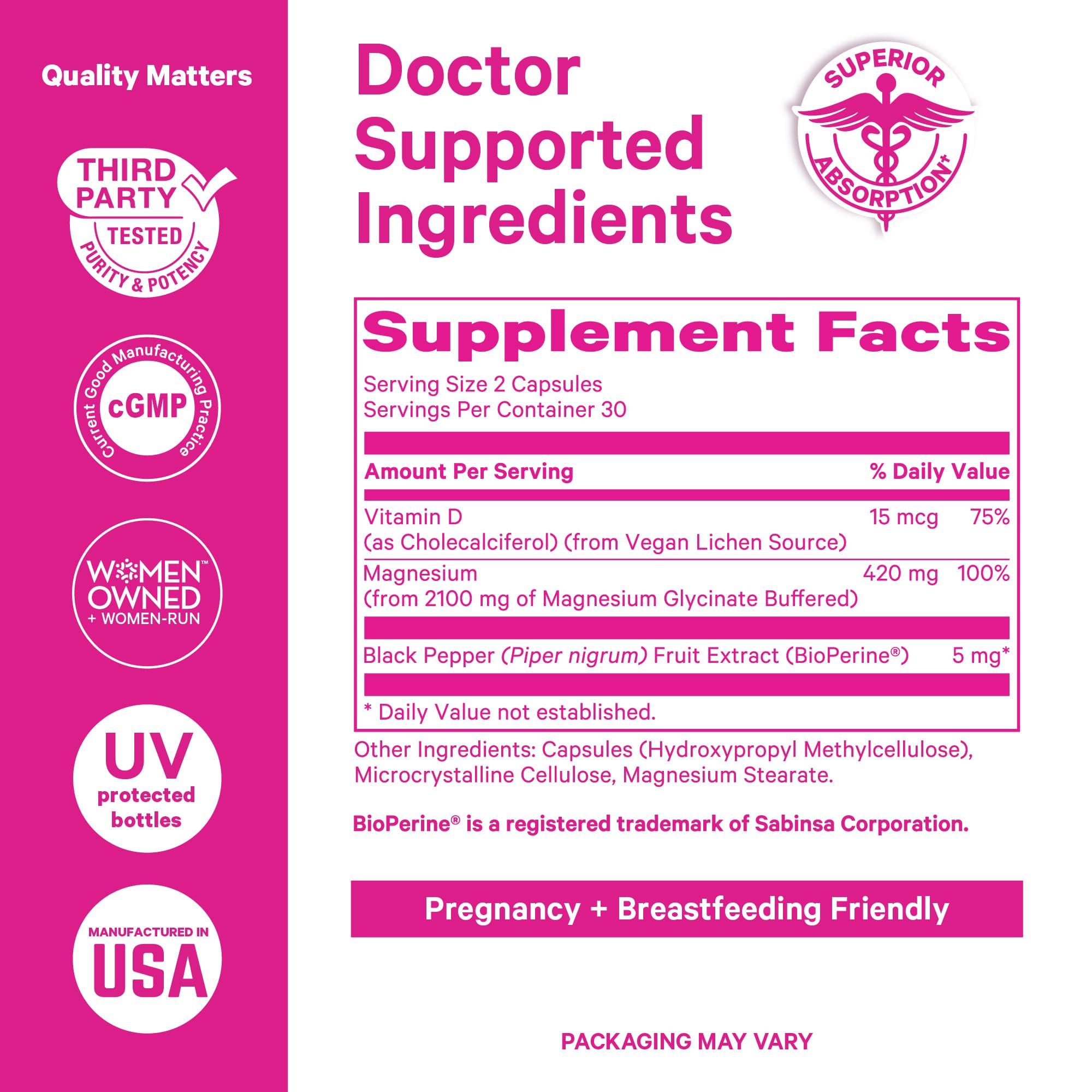Pink Stork Magnesium Glycinate with Vitamin D for Women | 60 Capsules Berry Essence