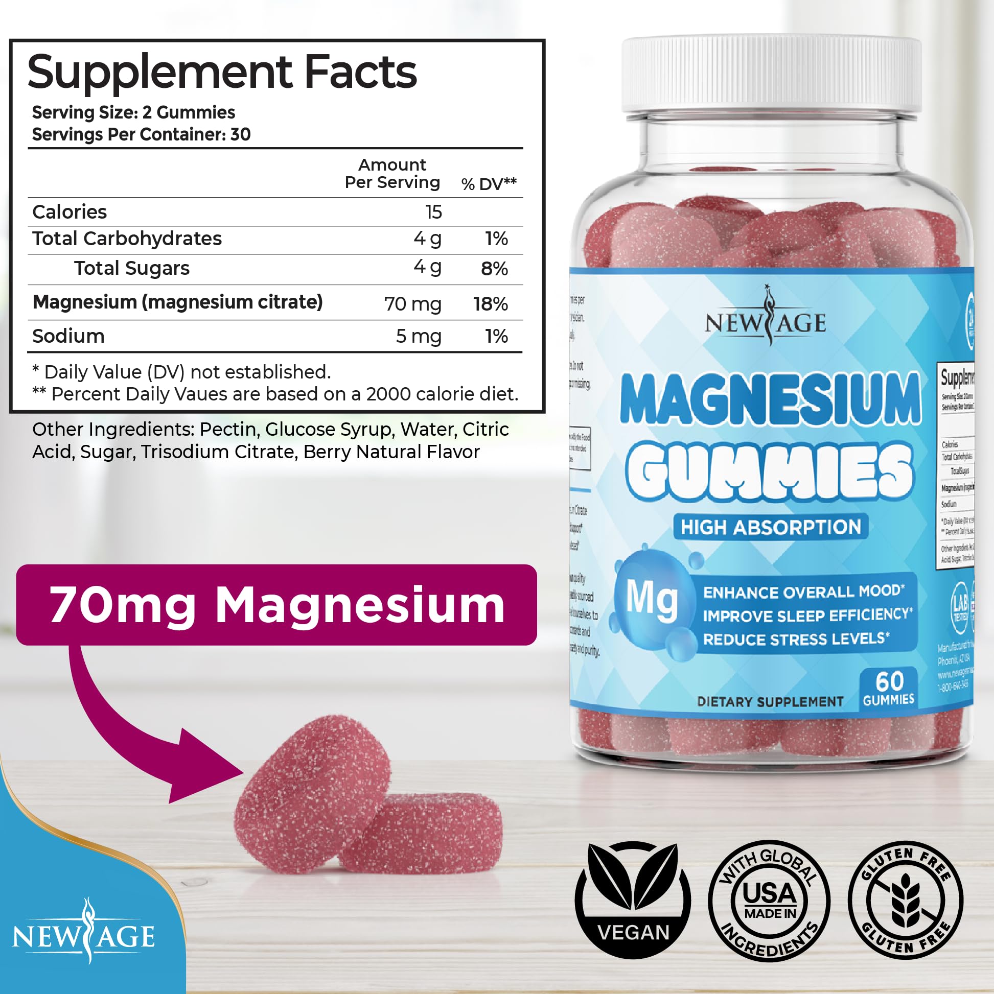 Magnesium Gummies - Calming Anti-Stress, Vegan, Gluten-Free, Non-GMO | 120 Count | New Age