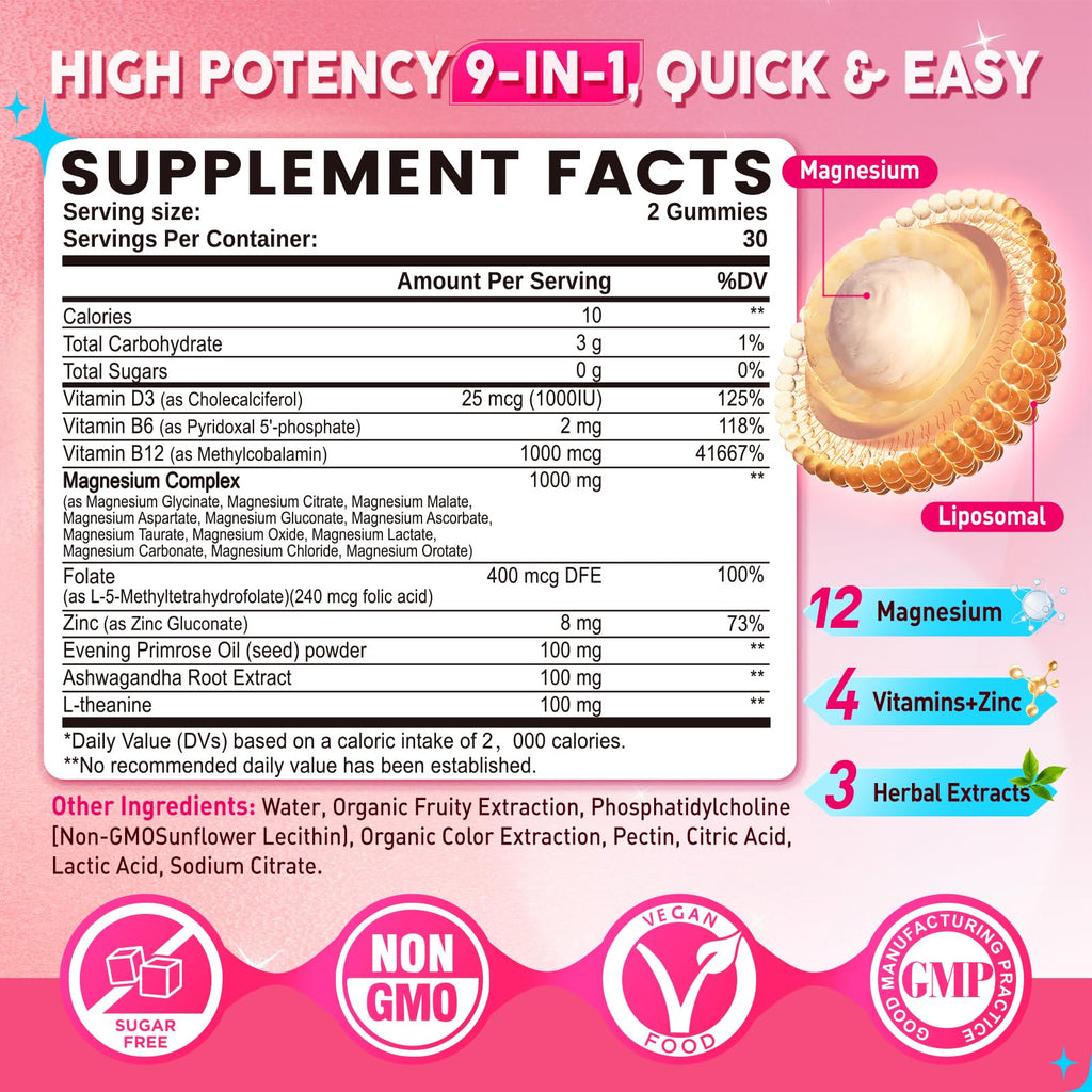 12-in-1 Magnesium Gummies for Women – 1000mg Liposomal Mg Glycinate & D3, Vegan