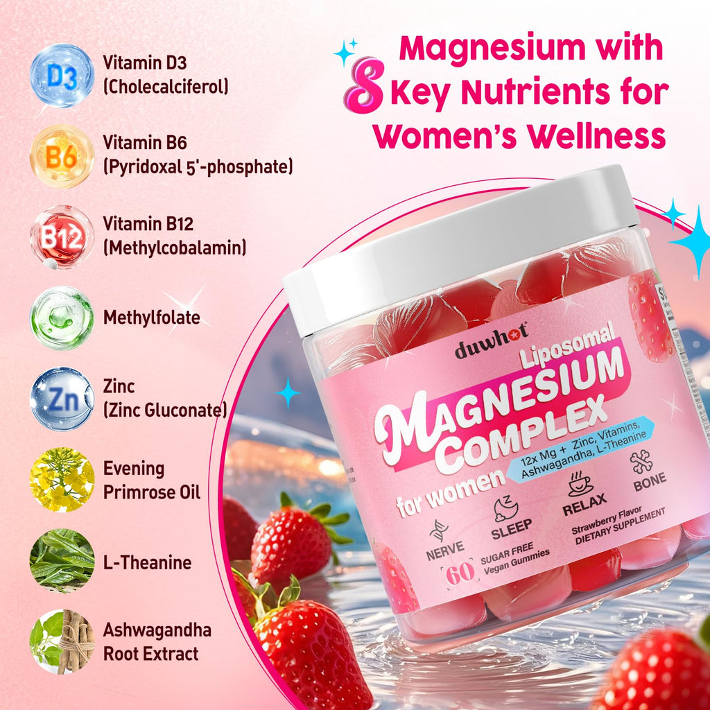 12-in-1 Magnesium Gummies for Women – 1000mg Liposomal Mg Glycinate & D3, Vegan