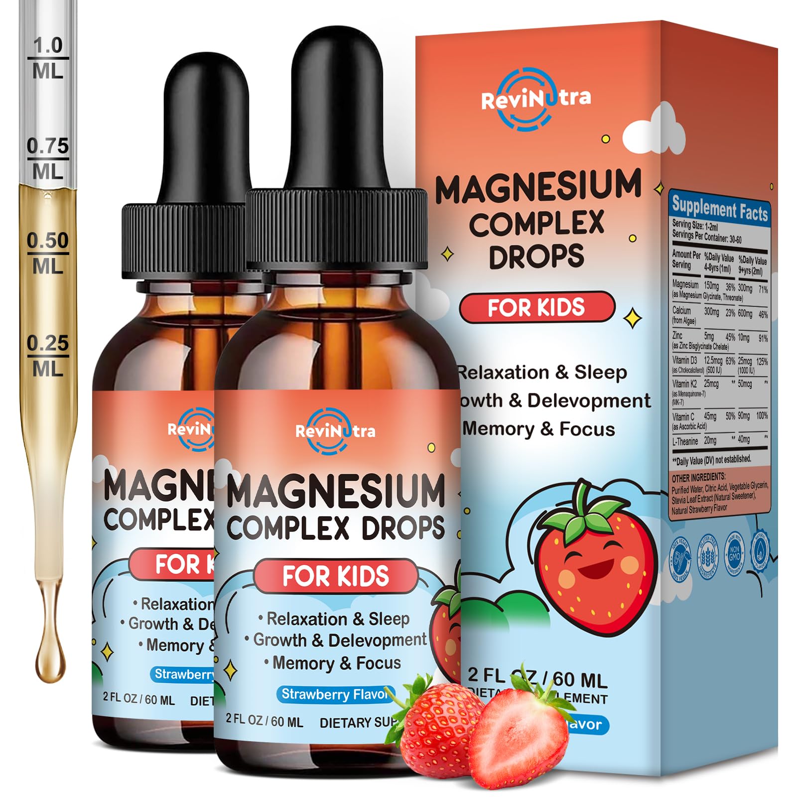 Magnesium for Kids – Strawberry Glycinate Drops with Calcium, Zinc, D3/K2 (2 Pack)
