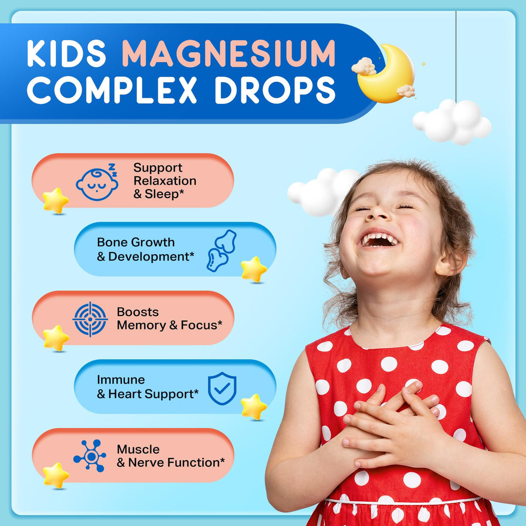 Magnesium for Kids – Strawberry Glycinate Drops with Calcium, Zinc, D3/K2 (2 Pack)