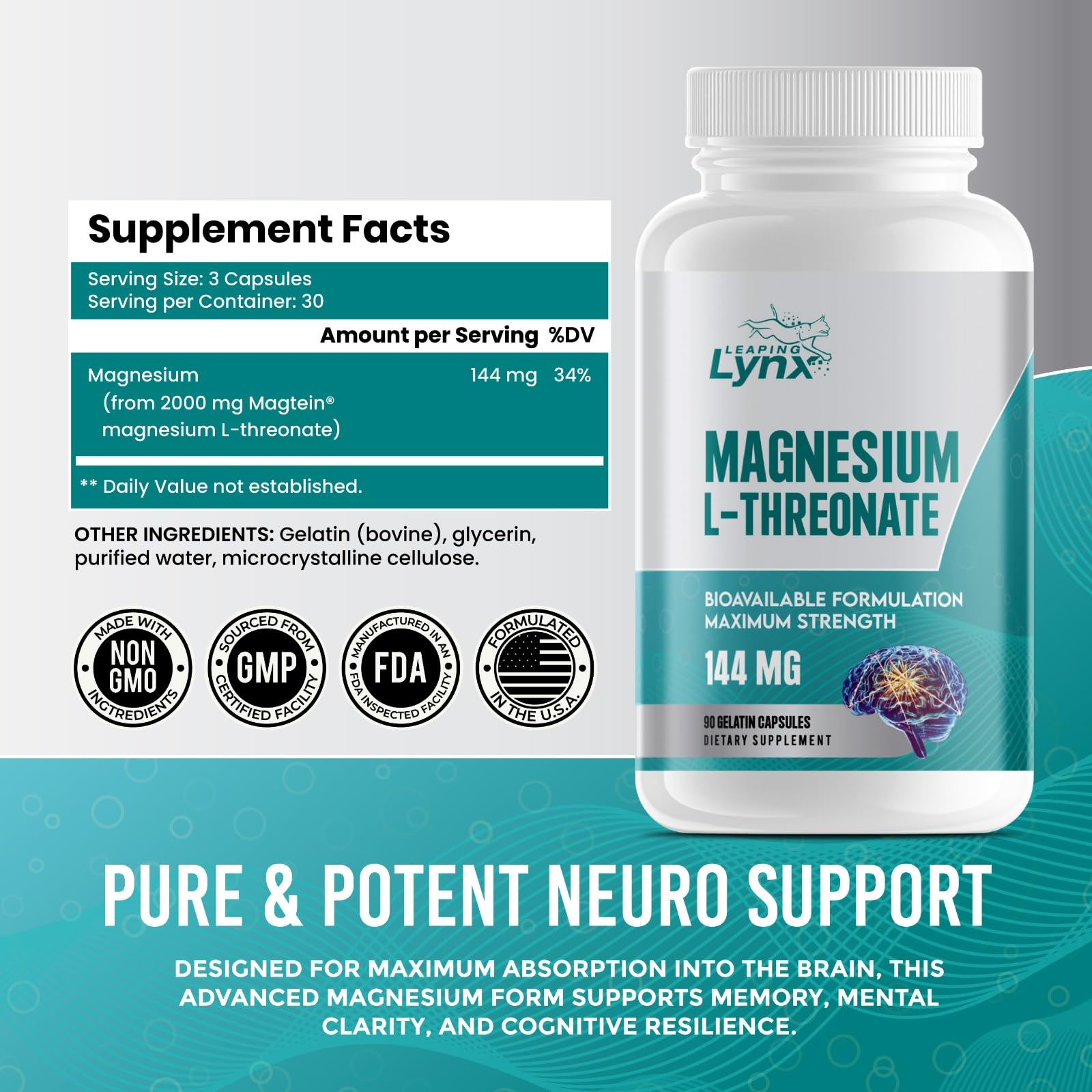 Pure Organic Magnesium L-Threonate 144 MG – Bioavailable, High-Absorption | 90 Capsules | 30-Day Supply | Brain Health & Sleep