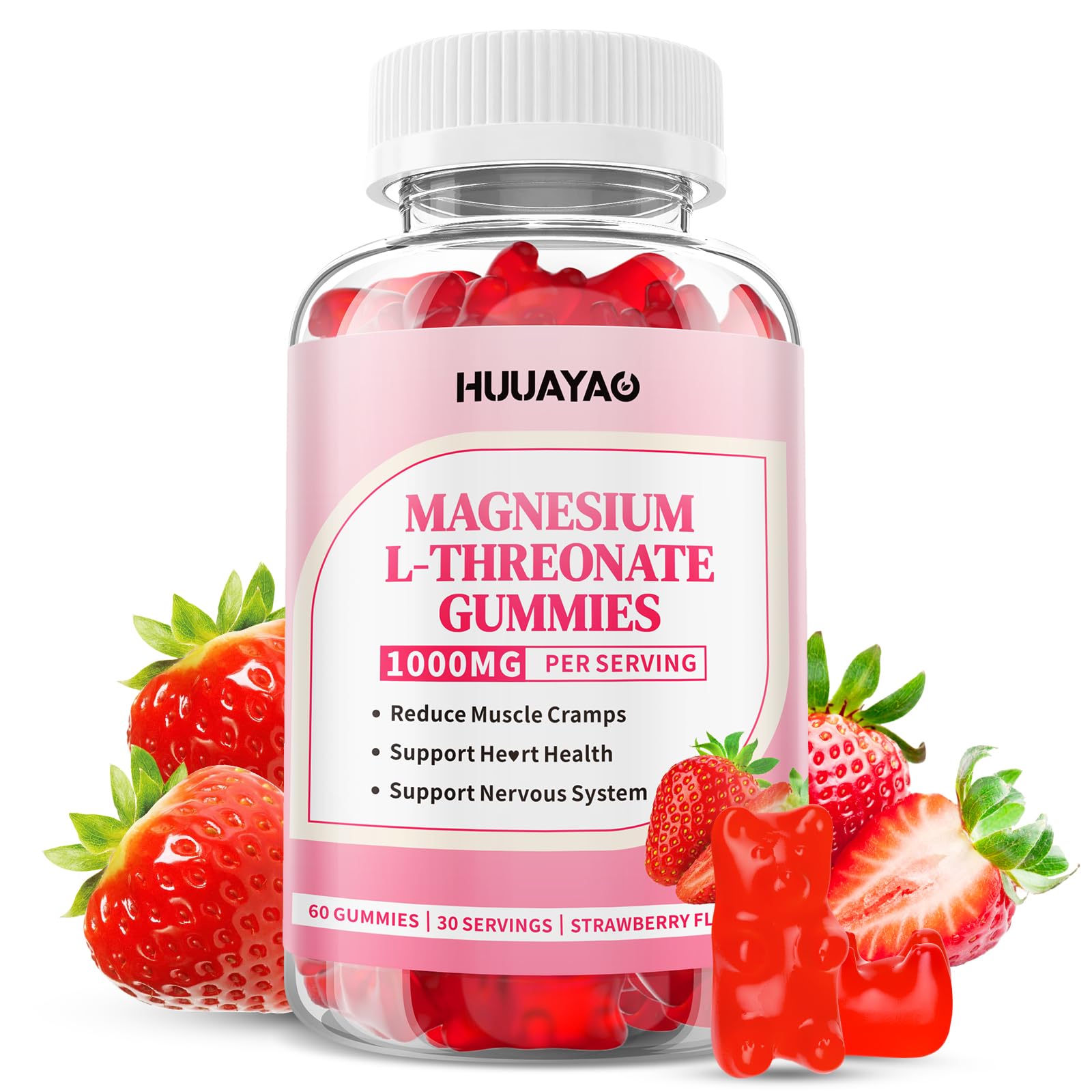 Magnesium L-Threonate Gummies 1000mg – Nervous System & Sleep Support (60 Count) – Sugar-Free Strawberry