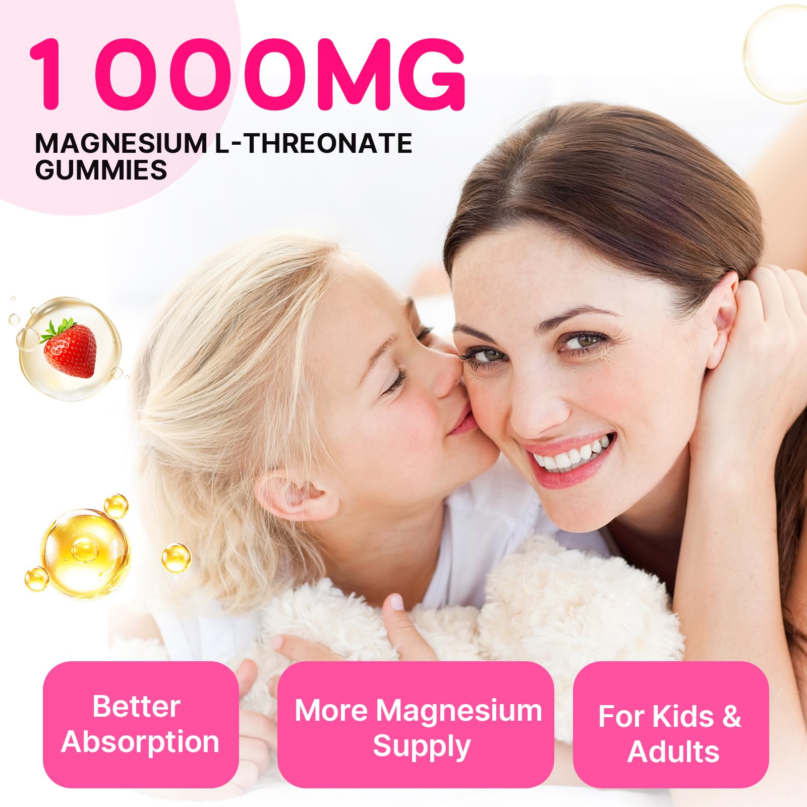 Magnesium L-Threonate Gummies 1000mg – Nervous System & Sleep Support (60 Count) – Sugar-Free Strawberry