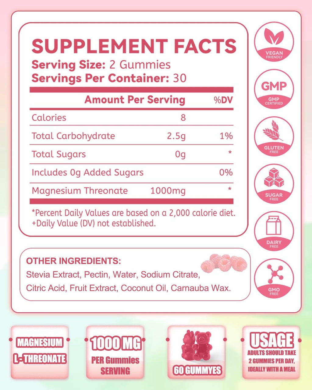 Magnesium L-Threonate Gummies 1000mg – Sugar-Free, Vegan, Raspberry (60 Count)