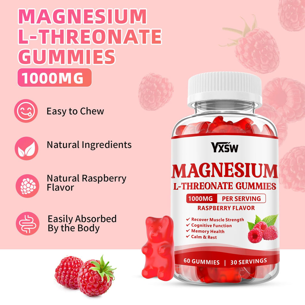 Magnesium L-Threonate Gummies 1000mg – Sugar-Free Raspberry Flavor for Kids & Adults | Muscle & Nervous System Support