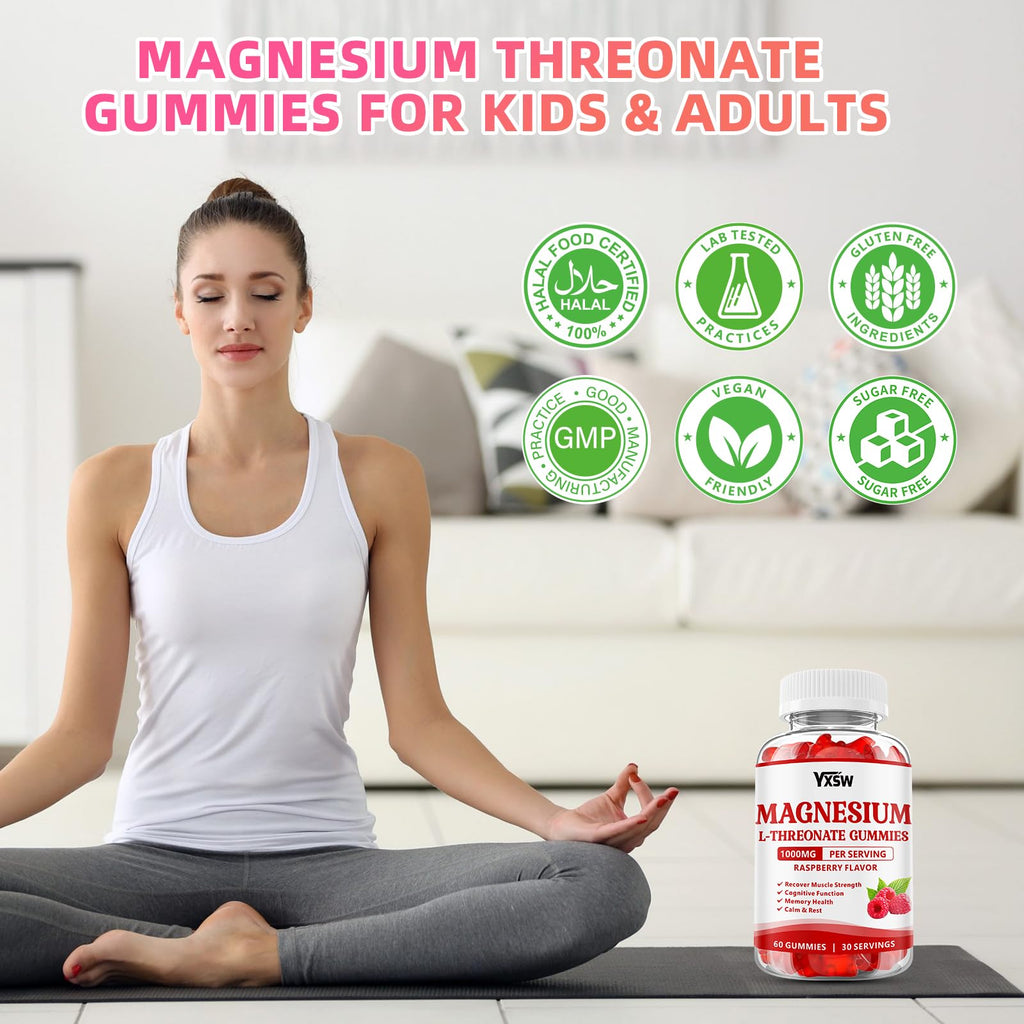 Magnesium L-Threonate Gummies 1000mg – Sugar-Free Raspberry Flavor for Kids & Adults | Muscle & Nervous System Support