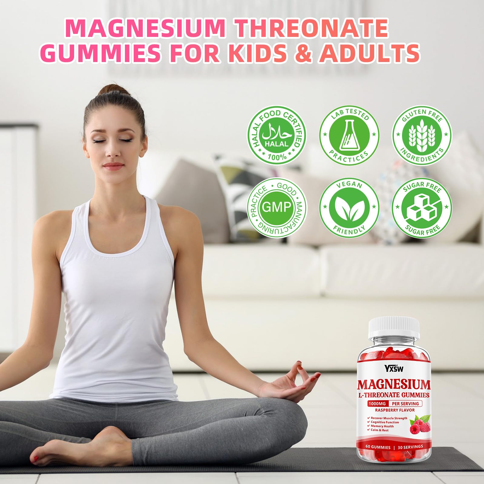Magnesium L-Threonate Gummies 1000mg – Sugar-Free Raspberry Flavor for Kids & Adults | Muscle & Nervous System Support