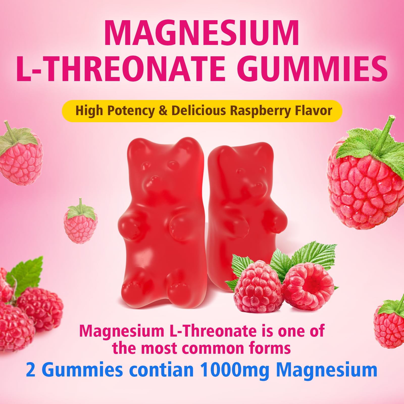 2 Pack Magnesium L-Threonate Gummies 1000MG – Sugar-Free Raspberry (120 Count)