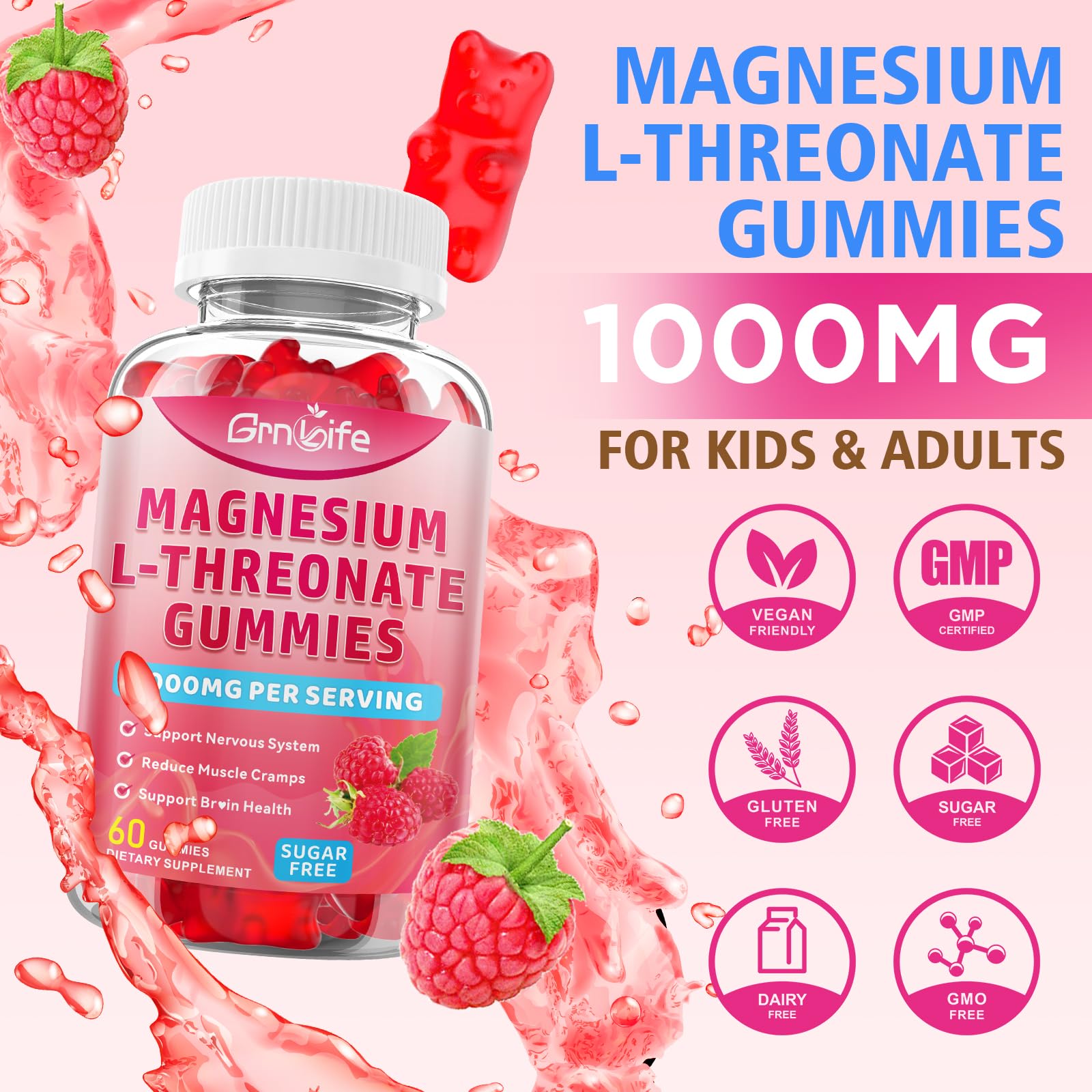 2 Pack Magnesium L-Threonate Gummies 1000MG – Sugar-Free Raspberry (120 Count)