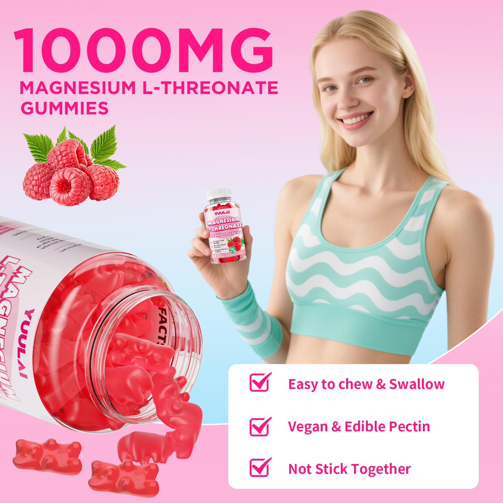 Pack of 2 Magnesium L-Threonate Gummies - Sugar-Free 1000MG Raspberry, 60 Count