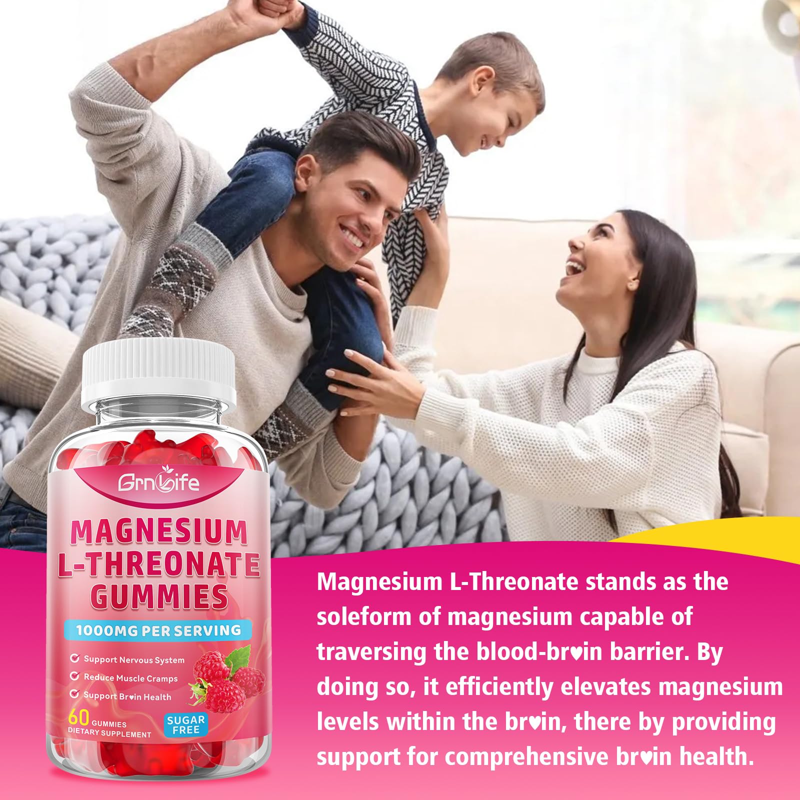 2 Pack Magnesium L-Threonate Gummies 1000MG – Sugar-Free Raspberry (120 Count)