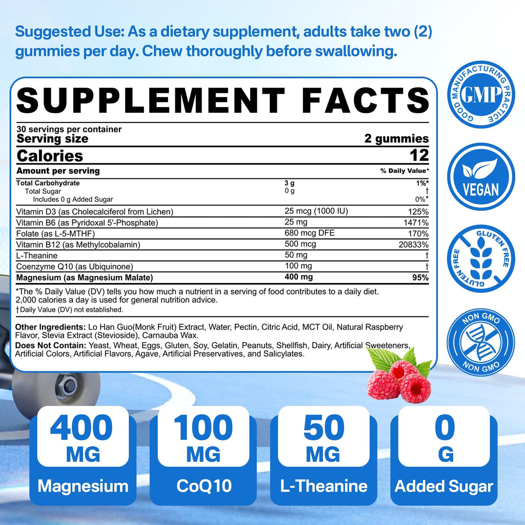 Magnesium Malate Gummies 400mg – Sugar Free 2-Pack | CoQ10, L-Theanine & B Vitamins