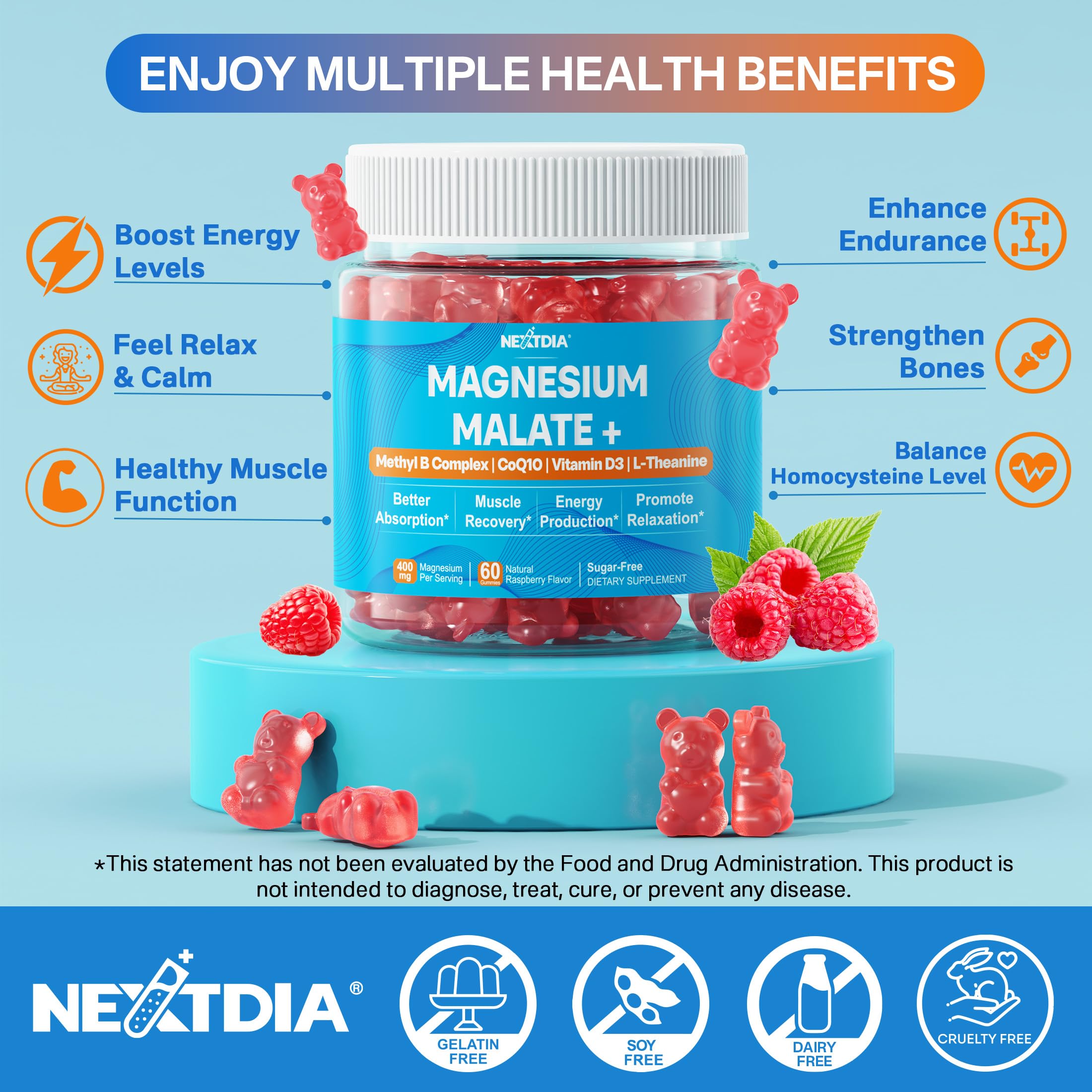 Magnesium Malate Gummies 400mg – Sugar Free 2-Pack | CoQ10, L-Theanine & B Vitamins
