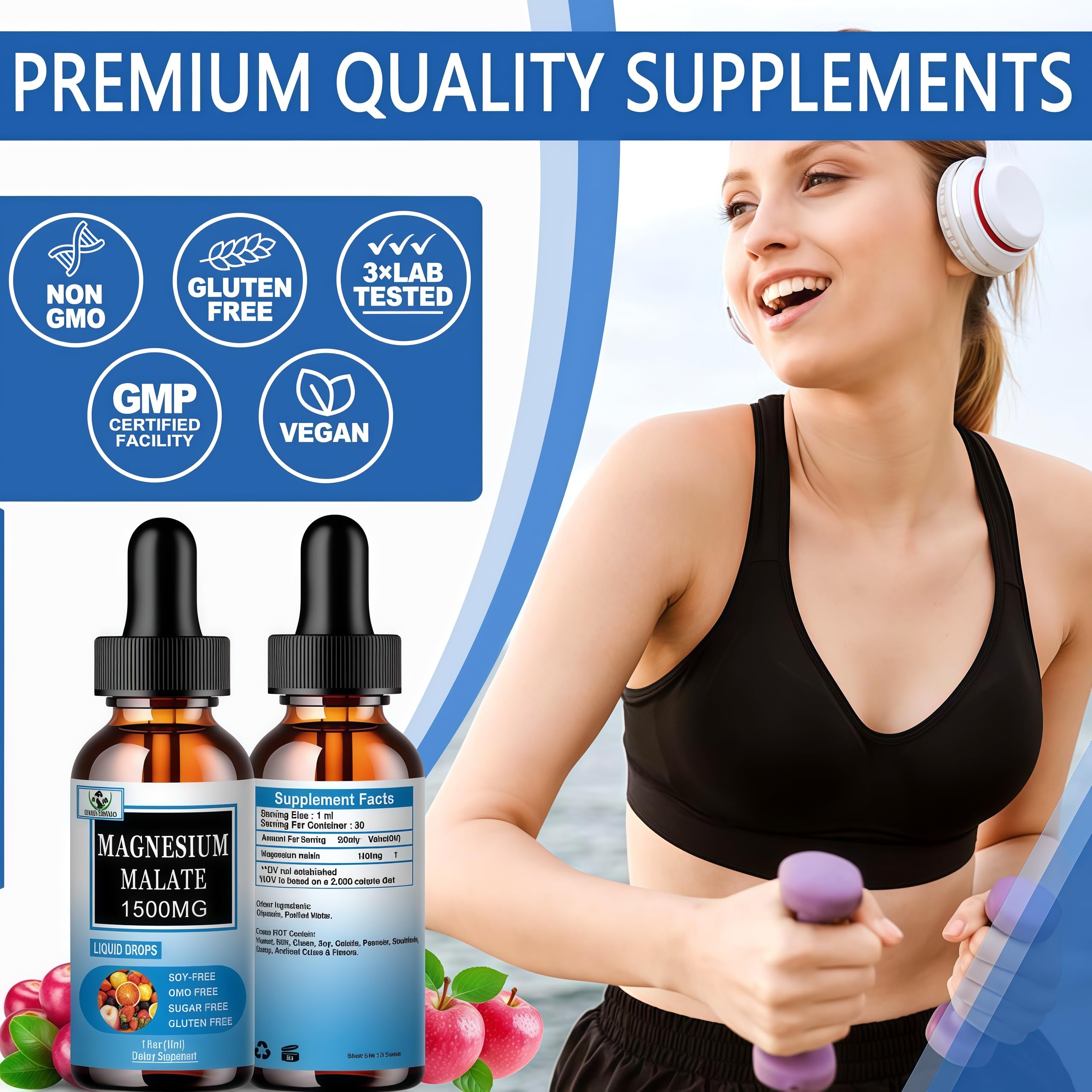Magnesium Malate Liquid Drops | High Absorption Liquid Magnesium Supplement for Healthy Energy & Muscle Function Support - Magnesium Malate 1500mg for Adults Women & Men | Non-GMO - 30 Servings