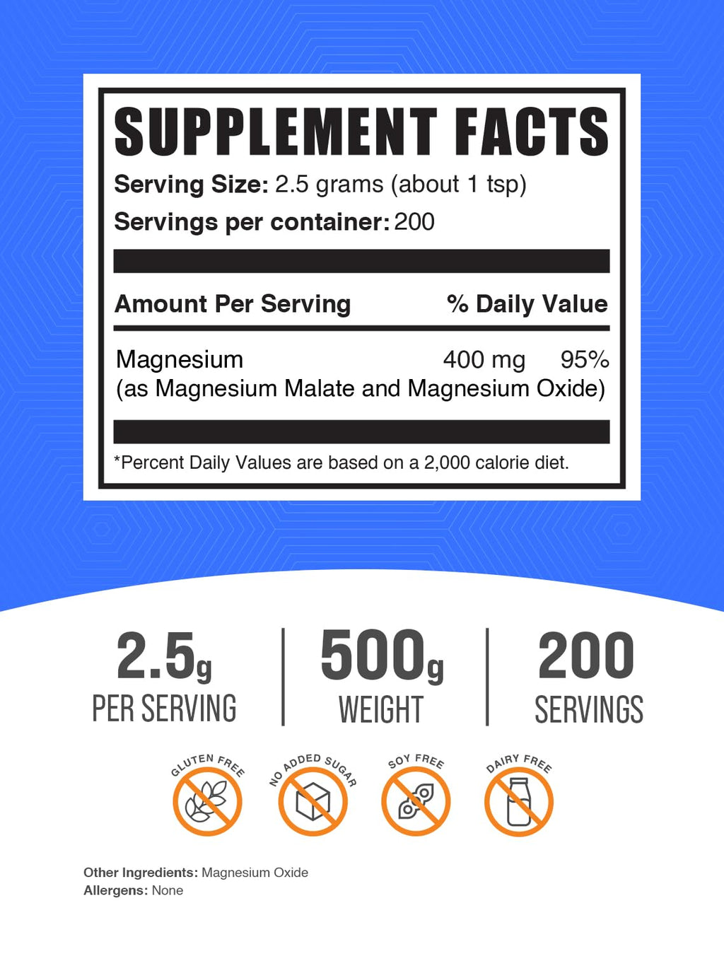 Magnesium Malate Powder | High Bioavailability, Gluten Free, 2.5g/Serving – 500g | BulkSupplements