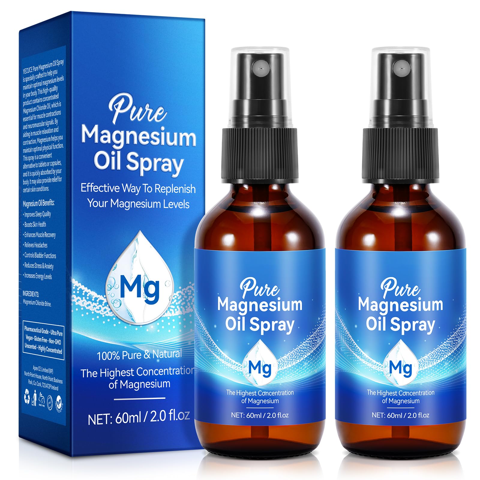 Magnesium Oil Spray – Pure, Natural & Organic (4 oz x 2) – Easy Absorption