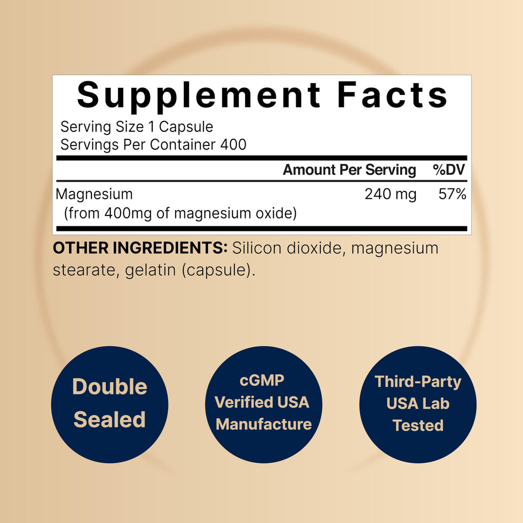 Magnesium Oxide 400mg – 400 Capsules | High Purity Elemental Magnesium | Non-GMO, Gluten Free