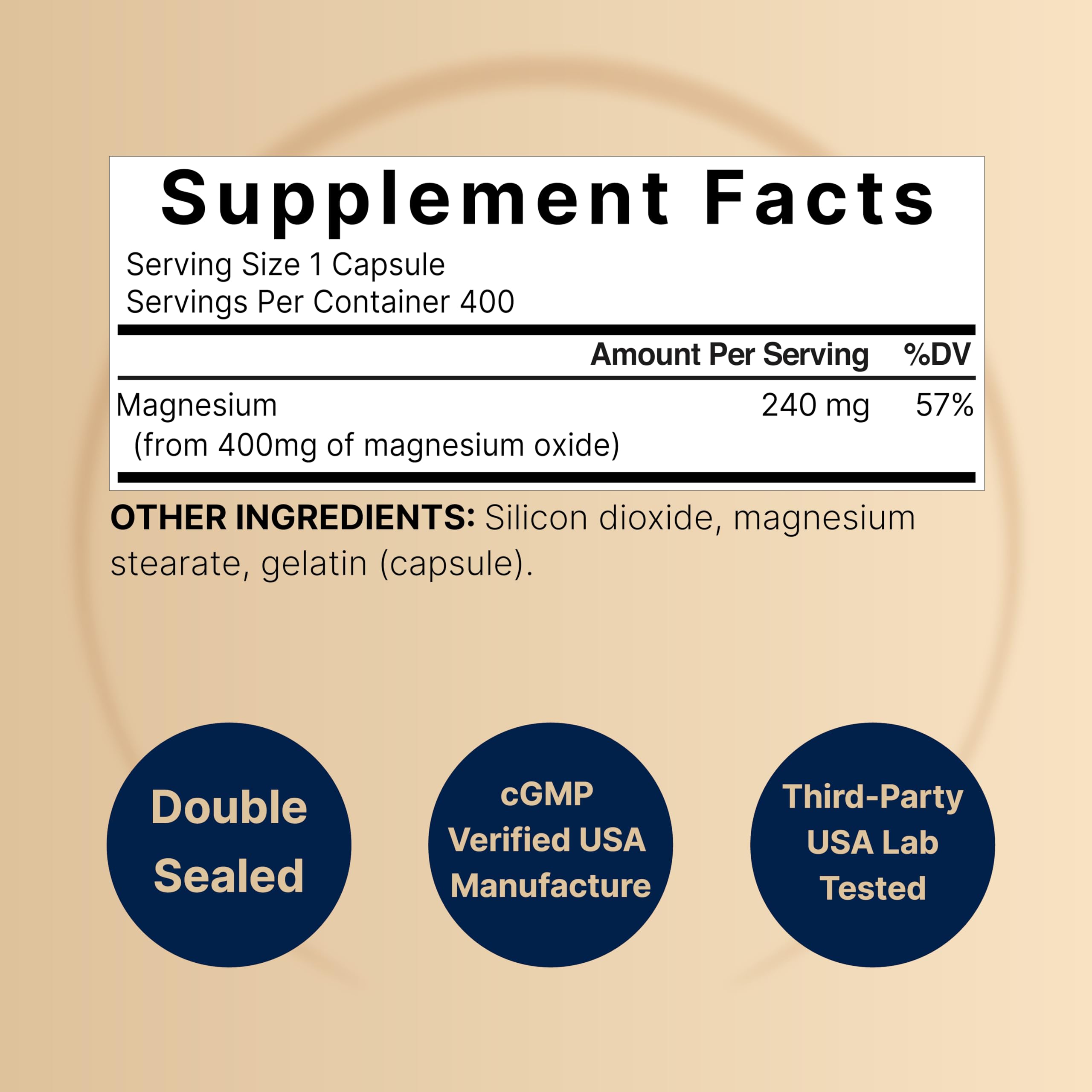Magnesium Oxide 400mg – 400 Capsules | High Purity Elemental Magnesium | Non-GMO, Gluten Free