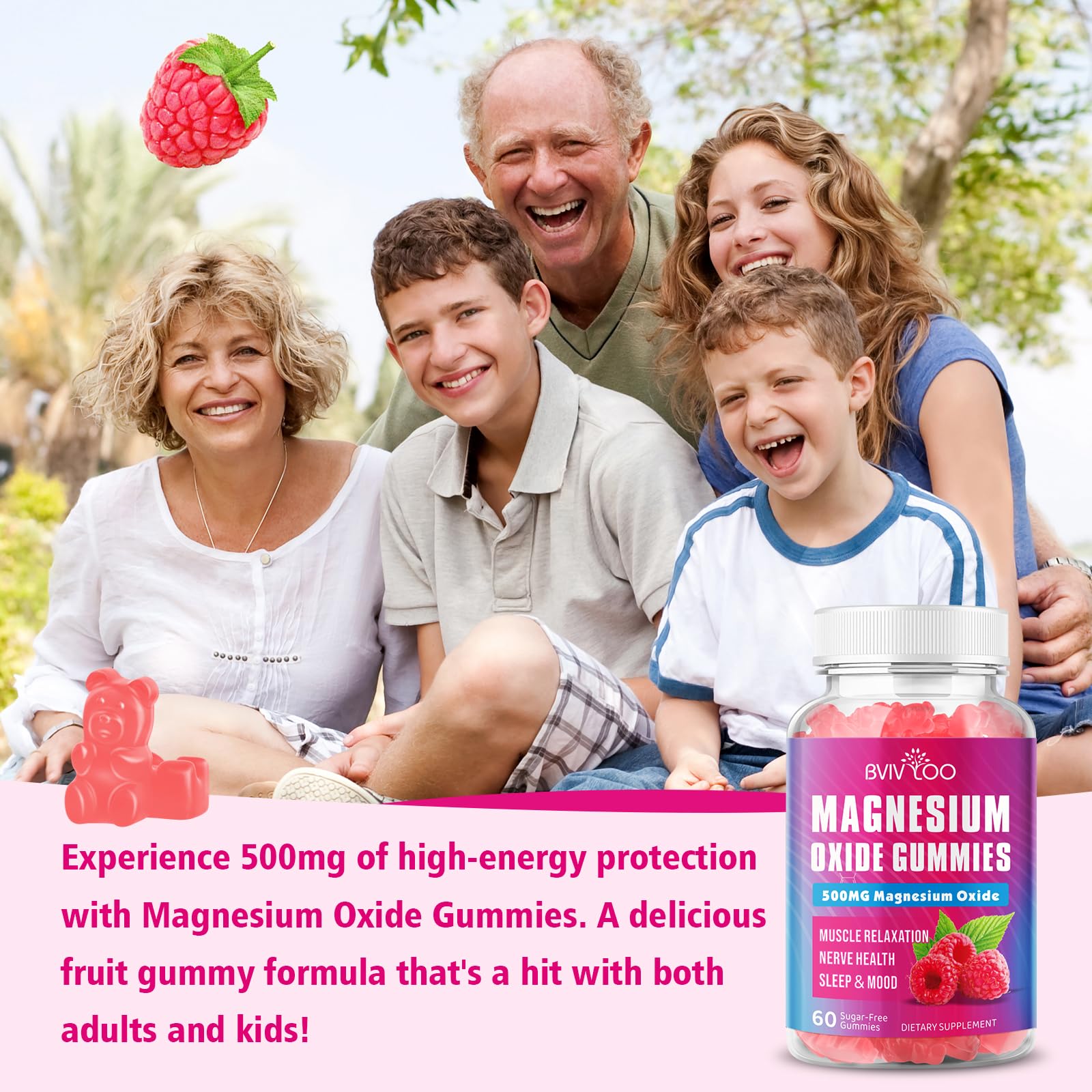 Magnesium Oxide 500mg Gummies – Vegan Sugar-Free Raspberry, 60 Gummies