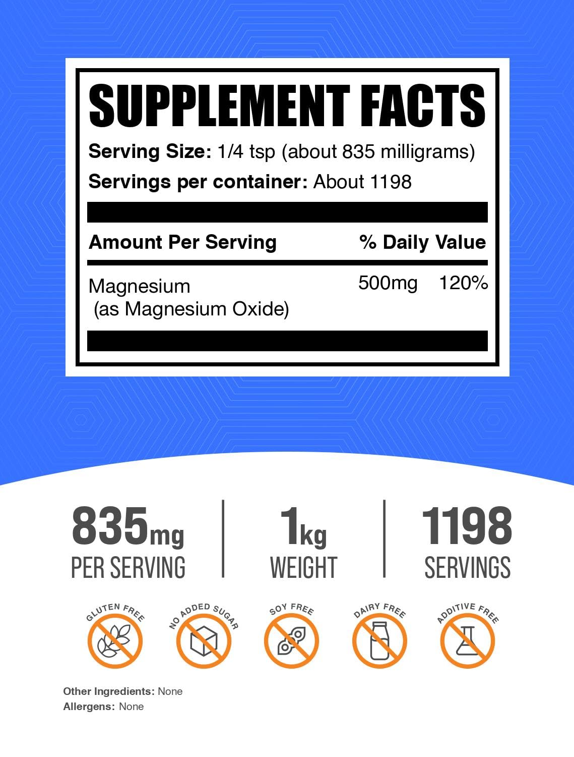 Magnesium Oxide Powder 835mg/Serving - Food Grade & Gluten Free | BulkSupplements