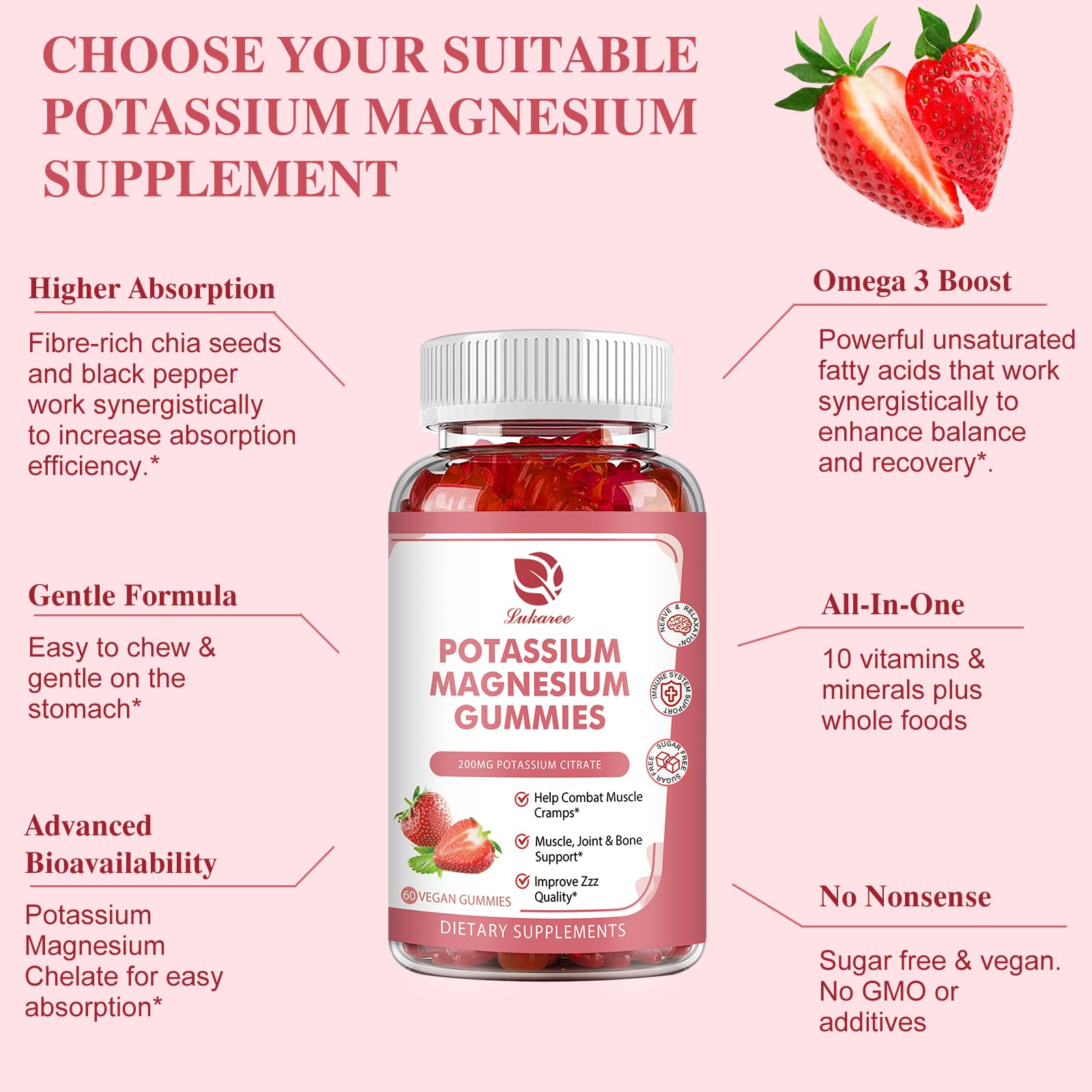 Magnesium Potassium Gummies – New Formula with Chelated Magnesium Glycinate, 200 mg Potassium Citrate, 120 Count