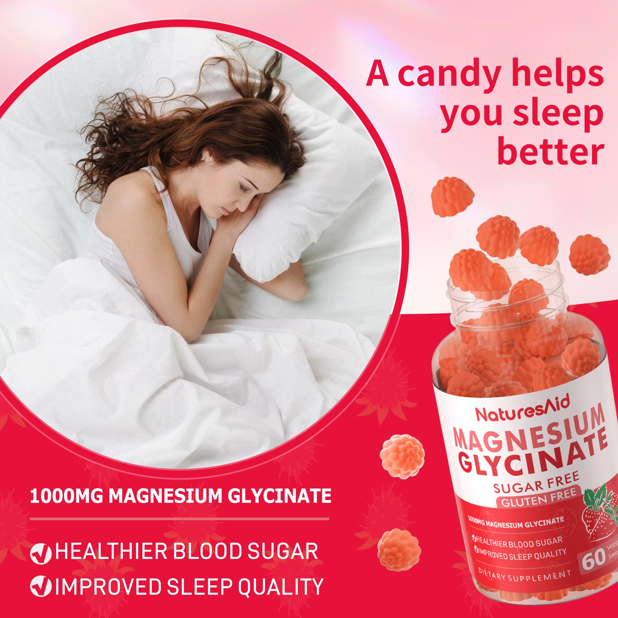 Magnesium Glycinate Gummies 1000mg – Sugar-Free Magnesium, Potassium with Vitamin D, B6, CoQ10 | 60 Strawberry Gummies