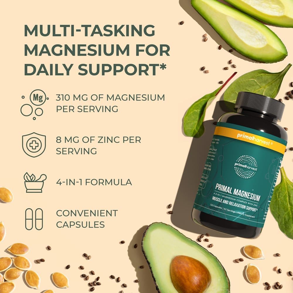 Magnesium Supplement Complex 310mg by Primal Harvest – Glycinate, Citrate, Malate & Zinc | 120 Capsules