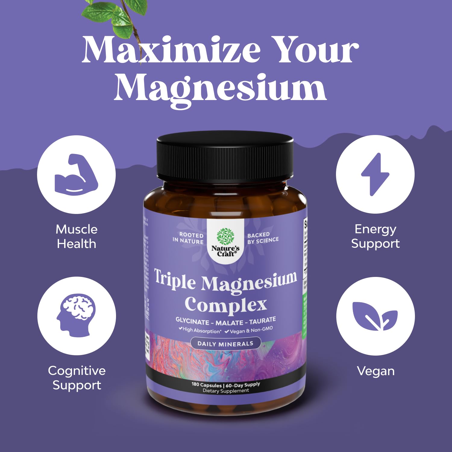 Triple Magnesium Complex | High-Absorption Magnesium Glycinate, Malate & Taurate | 400 mg, 180 Count